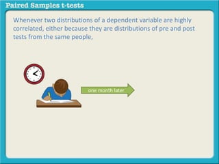 Whenever two distributions of a dependent variable are highly 
correlated, either because they are distributions of pre and post 
tests from the same people, 
one month later 
 
