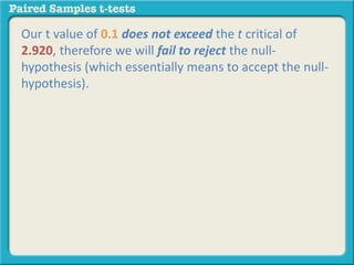 Our t value of 0.1 does not exceed the t critical of 
2.920, therefore we will fail to reject the null-hypothesis 
(which essentially means to accept the null-hypothesis). 
 