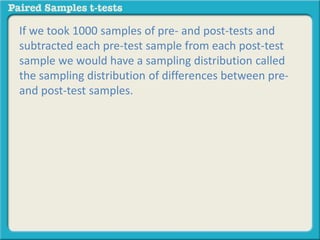 If we took 1000 samples of pre- and post-tests and 
subtracted each pre-test sample from each post-test 
sample we would have a sampling distribution called 
the sampling distribution of differences between pre-and 
post-test samples. 
 