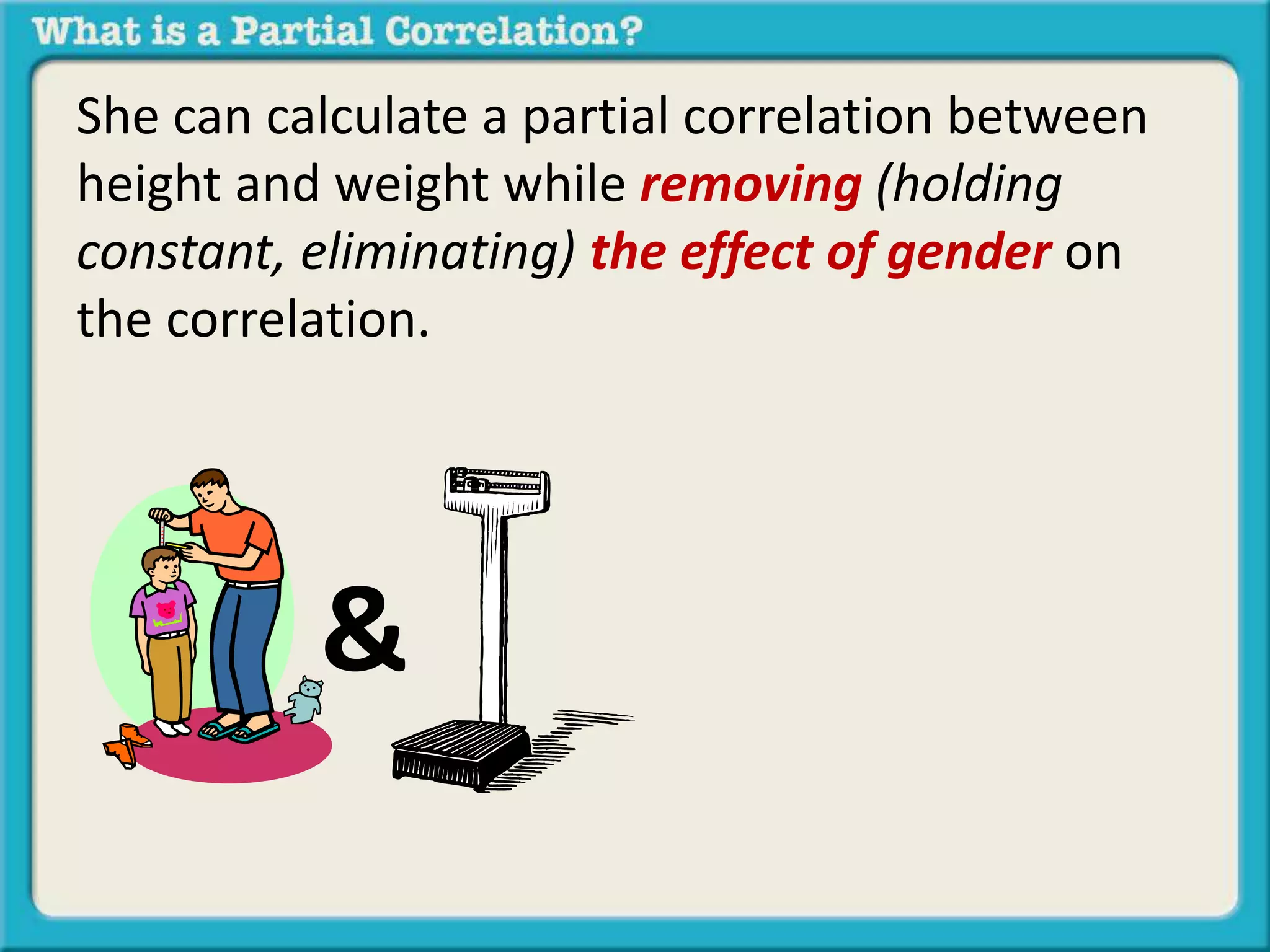 She can calculate a partial correlation between 
height and weight while removing (holding 
constant, eliminating) the effect of gender on 
the correlation. 
& 
 
