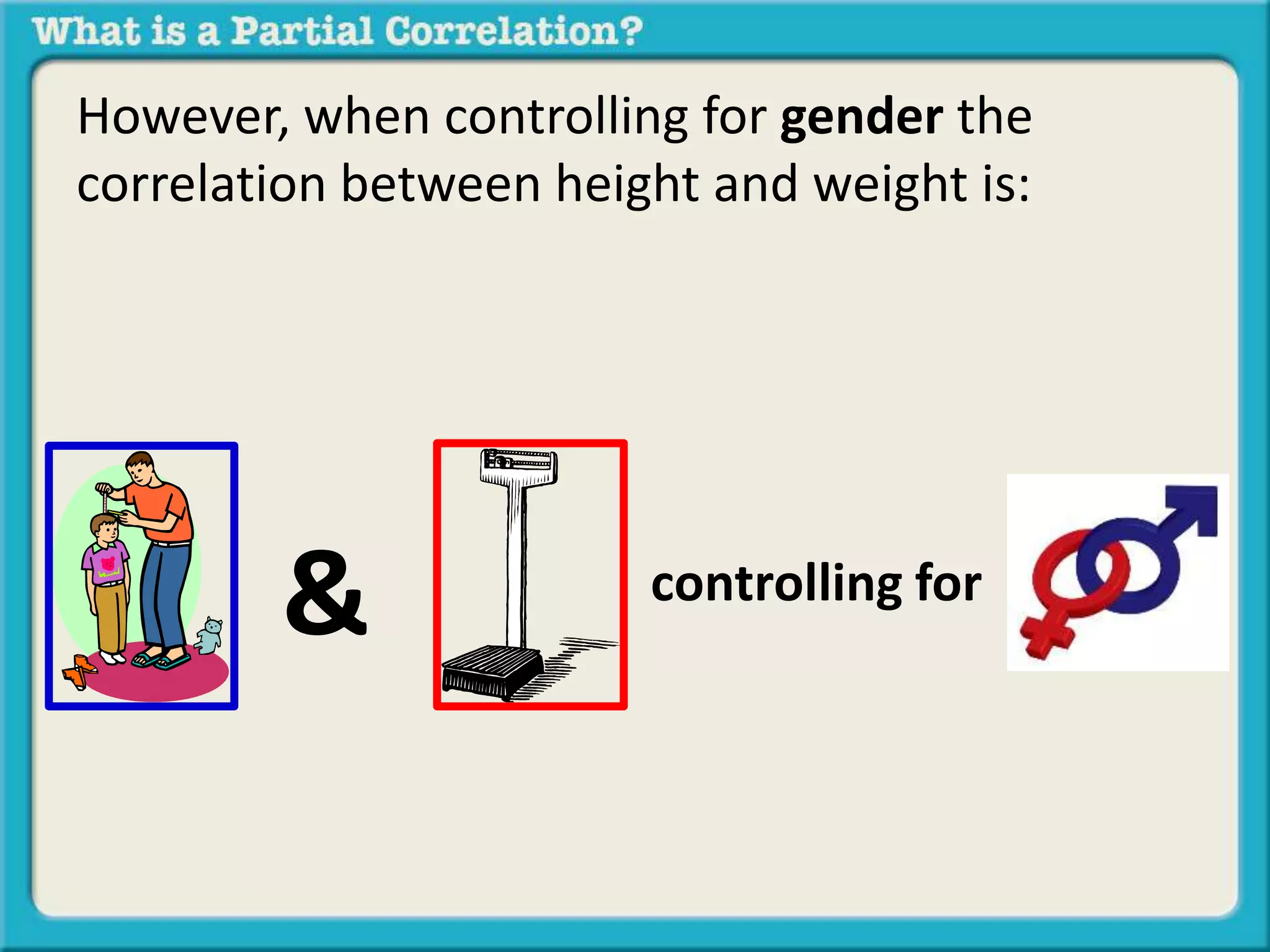 However, when controlling for gender the 
correlation between height and weight is: 
& controlling for 
 
