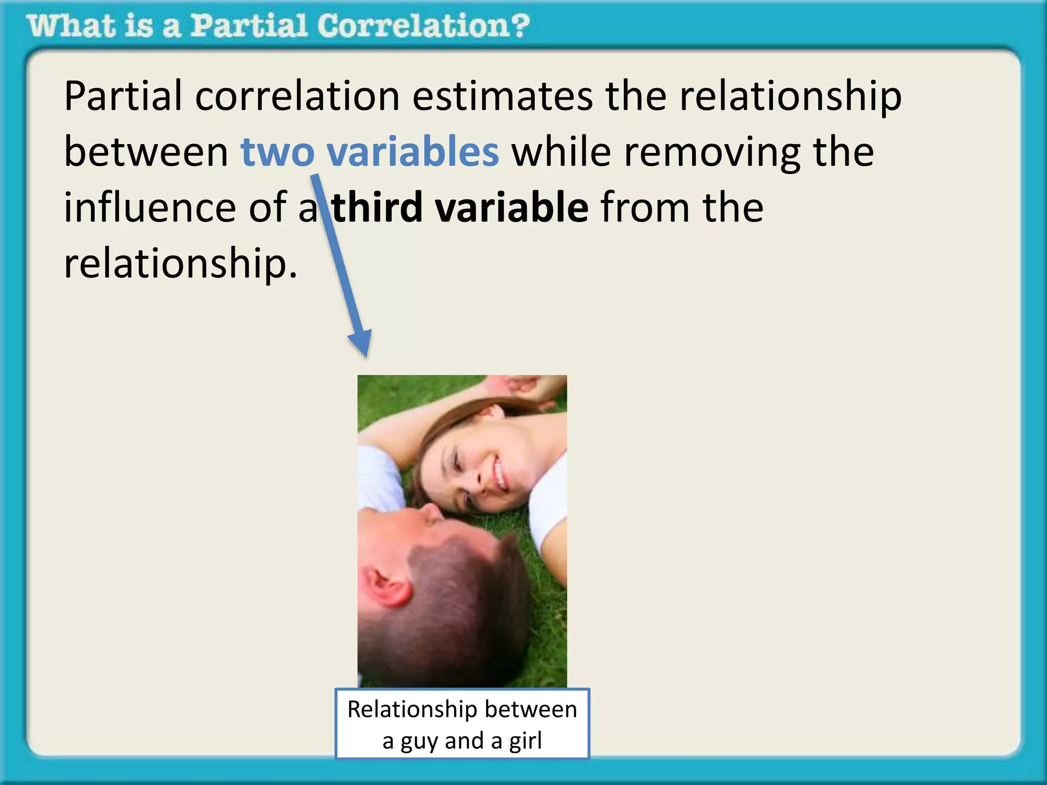 Partial correlation estimates the relationship 
between two variables while removing the 
influence of a third variable from the 
relationship. 
Relationship between 
a guy and a girl 
 