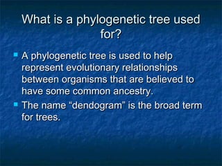 What is a phylogenetic tree usedWhat is a phylogenetic tree used
for?for?
 A phylogenetic tree is used to helpA phylogenetic tree is used to help
represent evolutionary relationshipsrepresent evolutionary relationships
between organisms that are believed tobetween organisms that are believed to
have some common ancestry.have some common ancestry.
 The name “dendogram” is the broad termThe name “dendogram” is the broad term
for trees.for trees.
 