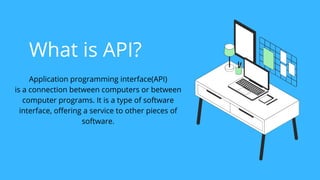 What is API?
Application programming interface(API)
is a connection between computers or between

computer programs. It is a type of software

interface, offering a service to other pieces of

software.








 