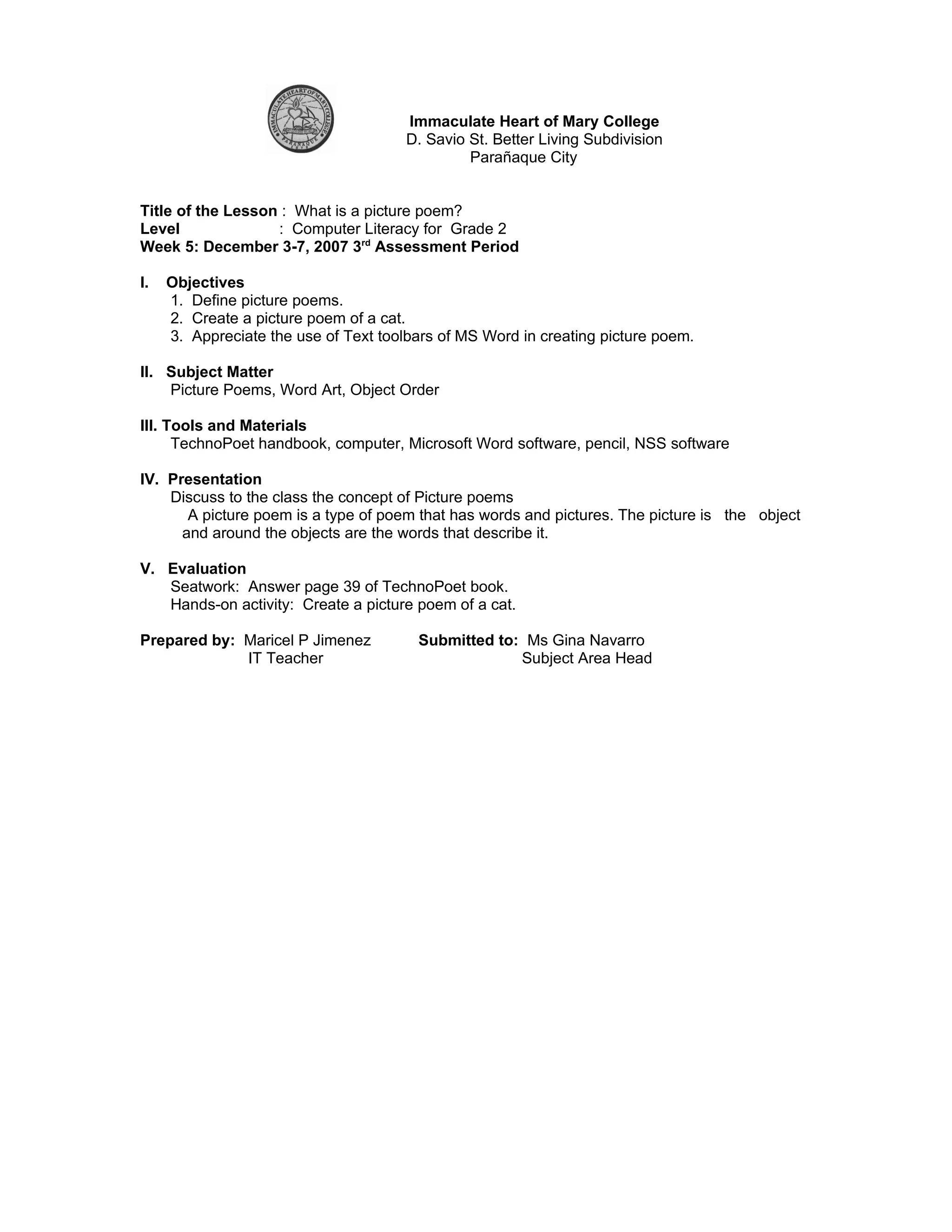 What Is A Picture Poem 2 PDF
