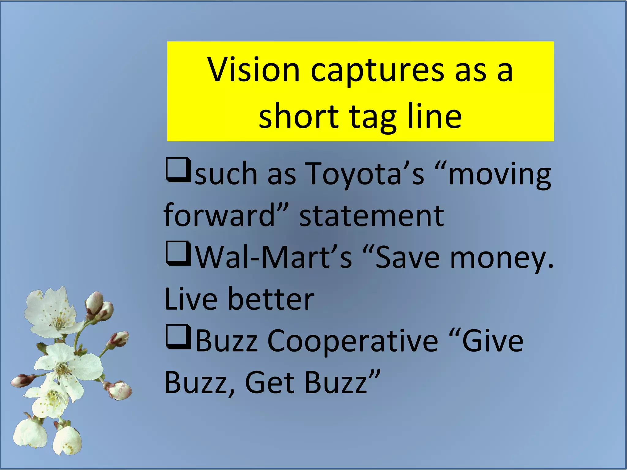 Vision captures as a short tag line such as Toyota’s “moving forward” statement  Wal-Mart’s “Save money. Live better Buzz Cooperative “Give Buzz, Get Buzz” 