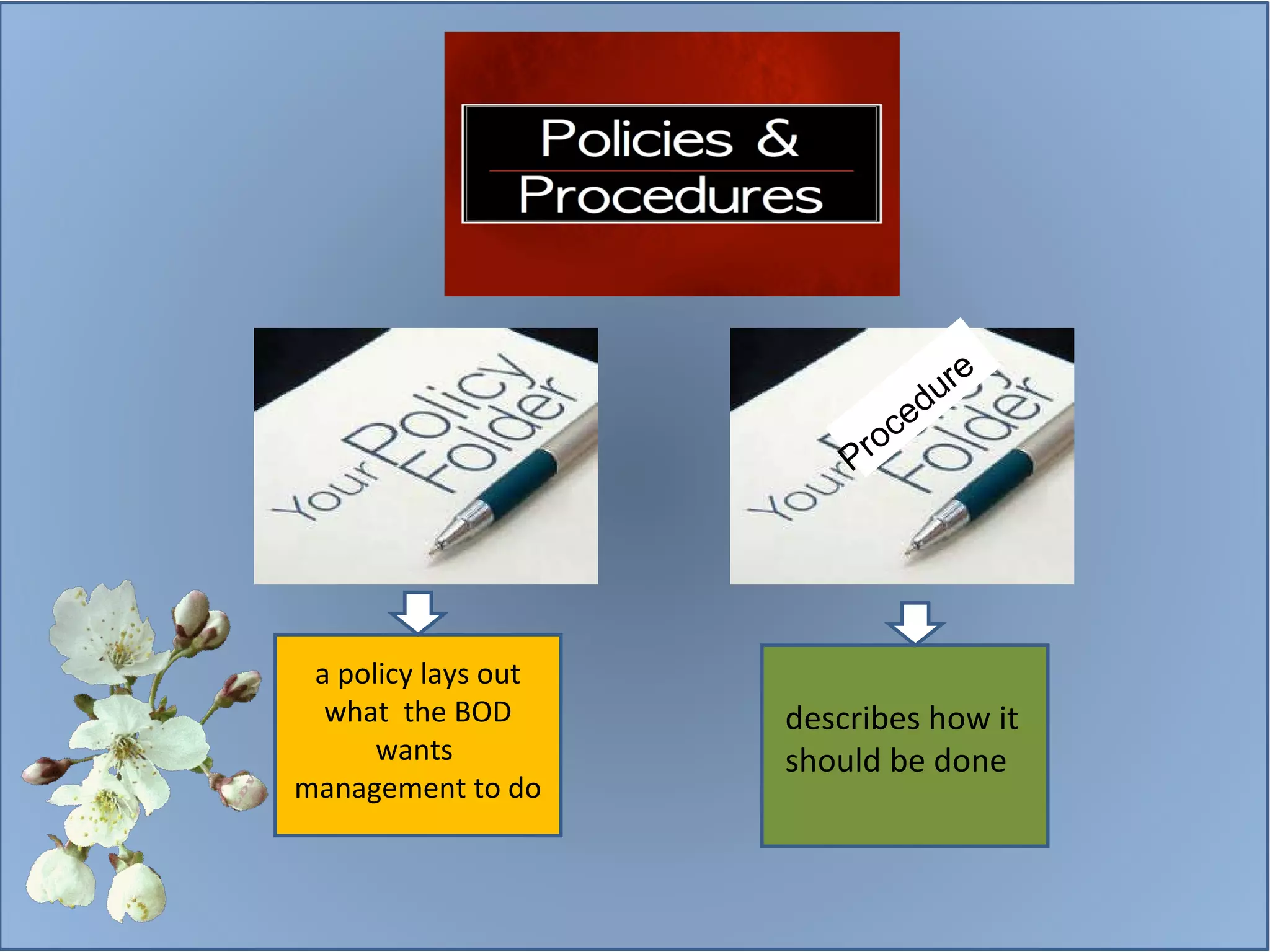 describes how it should be done a policy lays out what  the BOD wants  management to do Procedure 