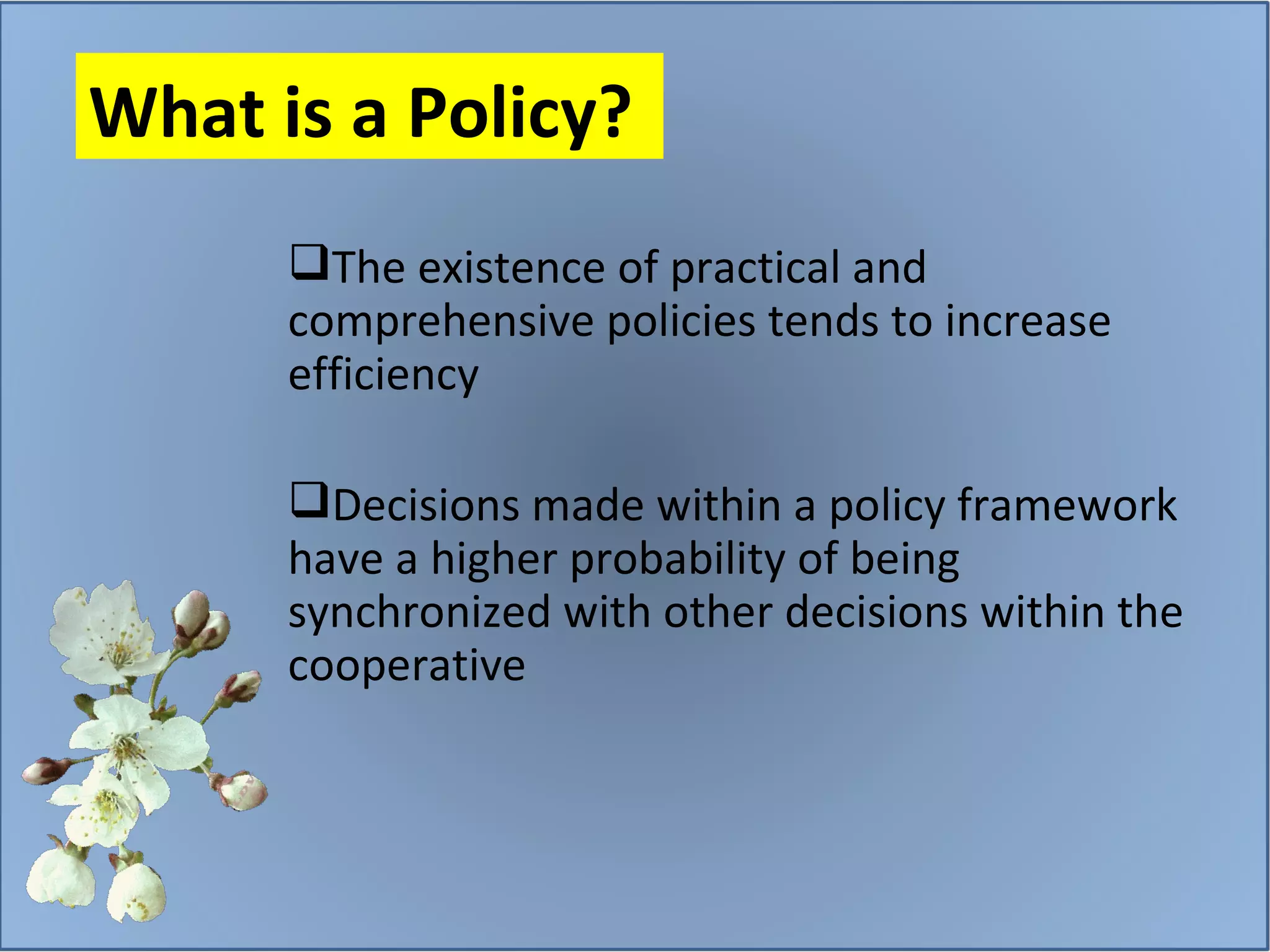 What is a Policy?  The existence of practical and comprehensive policies tends to increase efficiency  Decisions made within a policy framework have a higher probability of being synchronized with other decisions within the cooperative  