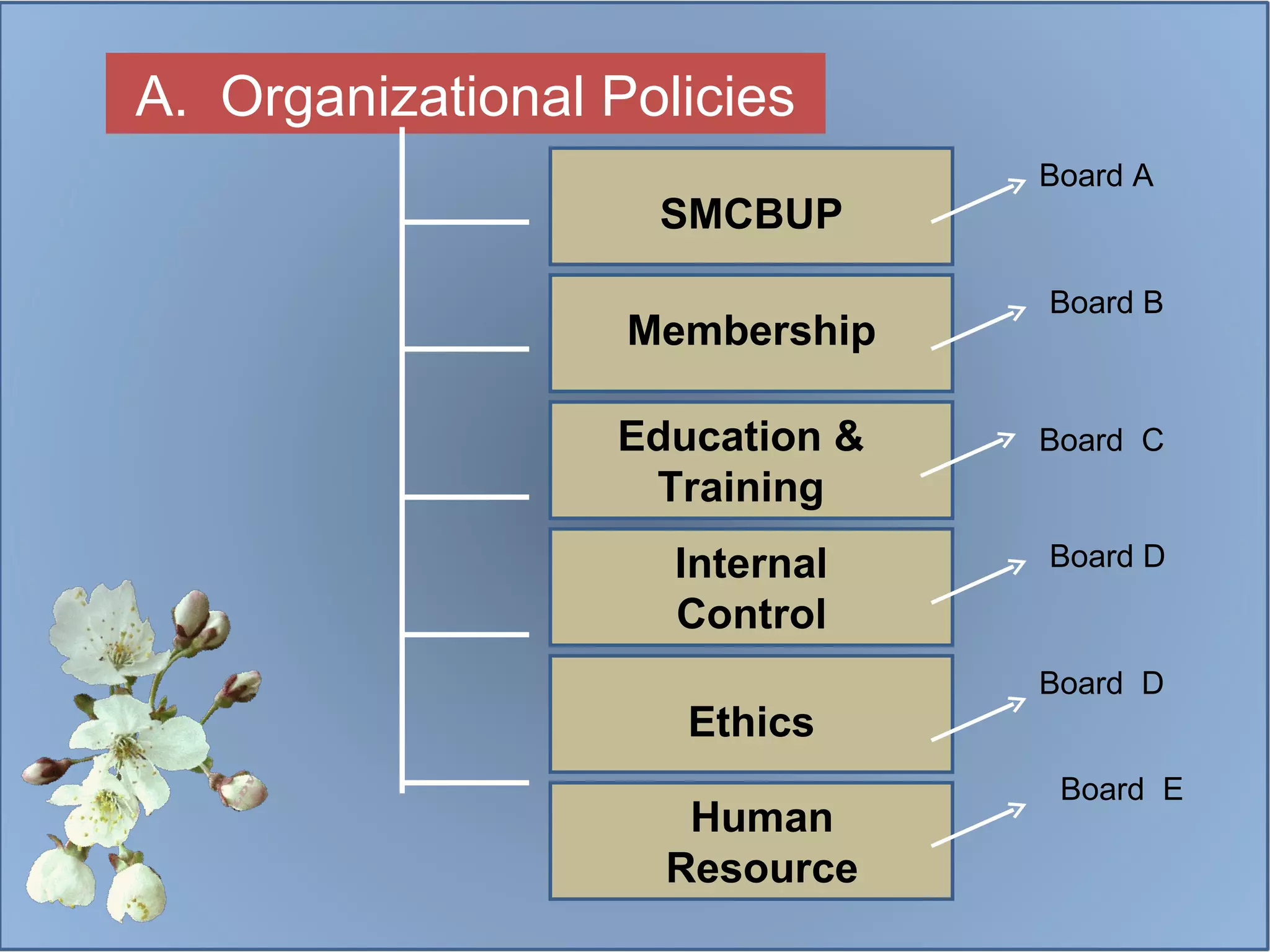 Board A Board B Board  C Board D Board  D Board  E A.  Organizational Policies SMCBUP Membership Education & Training Internal Control Ethics Human Resource 