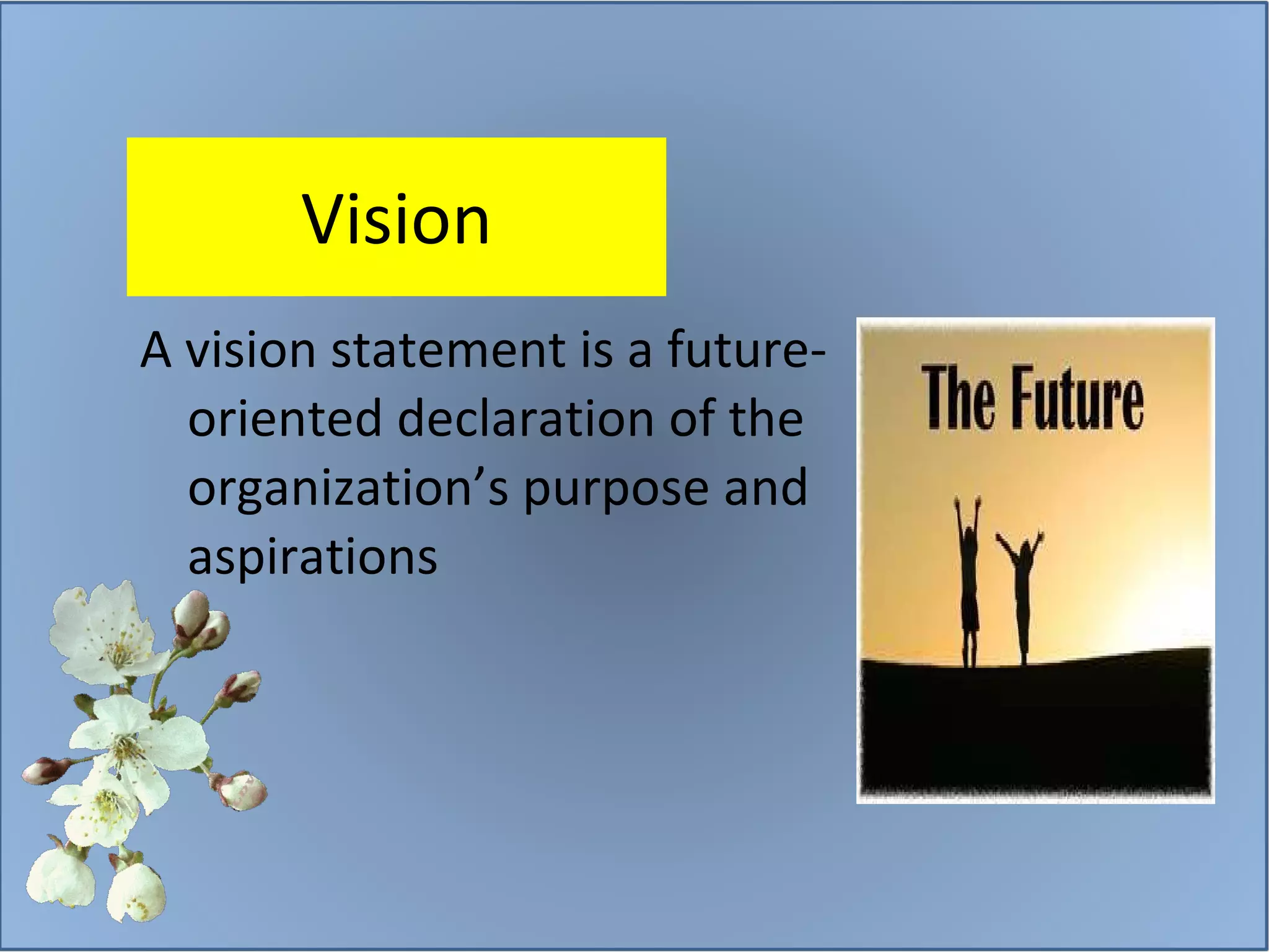 Vision A vision statement is a future-oriented declaration of the organization’s purpose and aspirations 