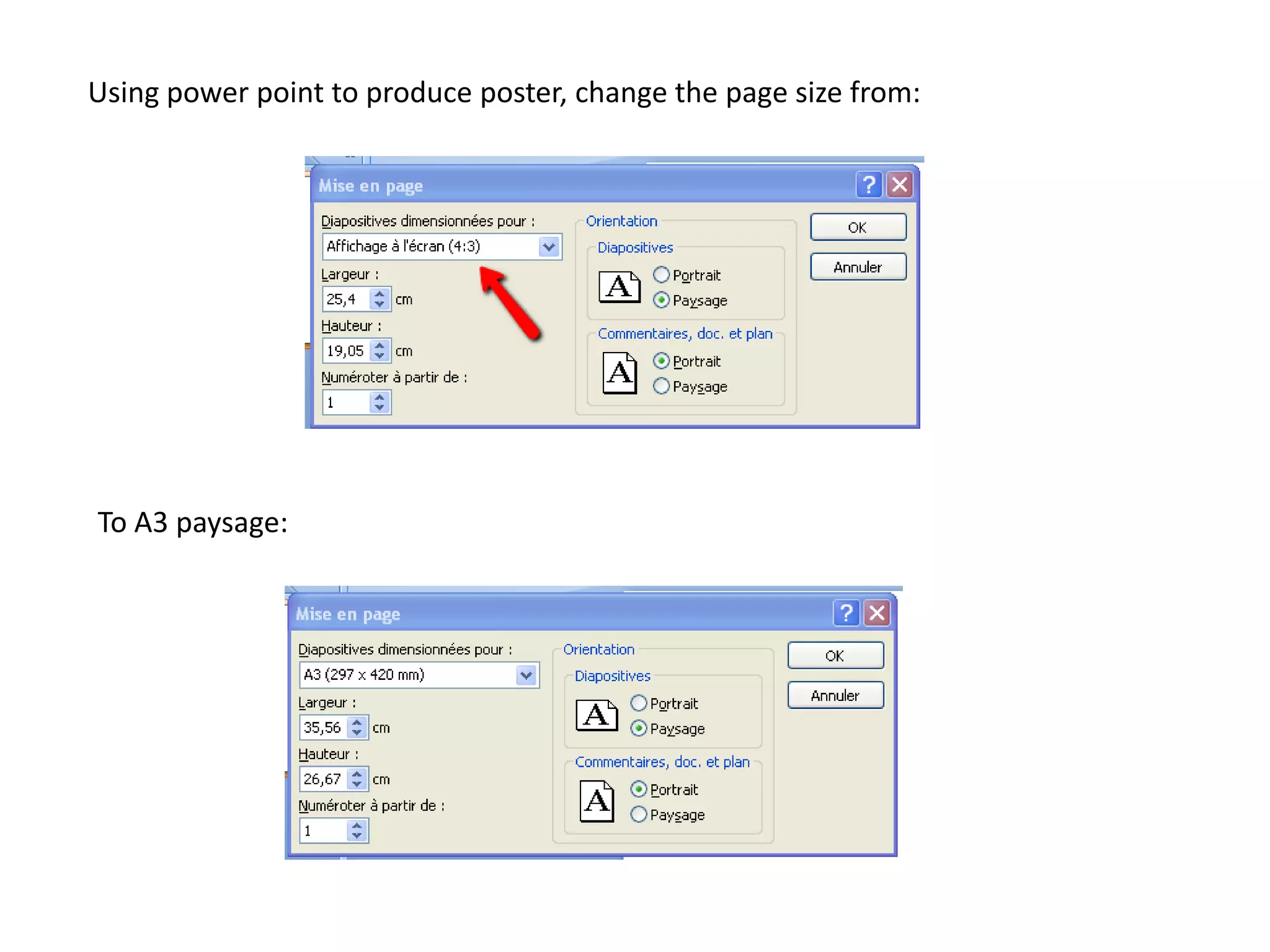 Using power point to produce poster, change the page size from:
To A3 paysage: