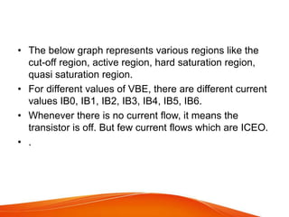 • The below graph represents various regions like the
cut-off region, active region, hard saturation region,
quasi saturation region.
• For different values of VBE, there are different current
values IB0, IB1, IB2, IB3, IB4, IB5, IB6.
• Whenever there is no current flow, it means the
transistor is off. But few current flows which are ICEO.
• .
 