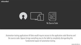 www.edureka.co
No Source Code
Automation testing applications till date would require access to the application code libraries and
the source code. Appium brings something new to the table by completely disregarding this
fundamental aspect of automation testing.
 