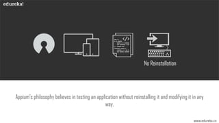 www.edureka.co
No Reinstallation
Appium’s philosophy believes in testing an application without reinstalling it and modifying it in any
way.
 