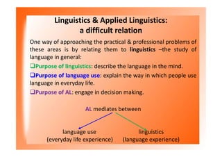 Linguistics & Applied Linguistics:
a difficult relation
One way of approaching the practical & professional problems of
these areas is by relating them to linguistics –the study of
language in general:
Purpose of linguistics: describe the language in the mind.
Purpose of language use: explain the way in which people use
language in everyday life.
Purpose of AL: engage in decision making.
AL mediates between
language use linguistics
(everyday life experience) (language experience)
 