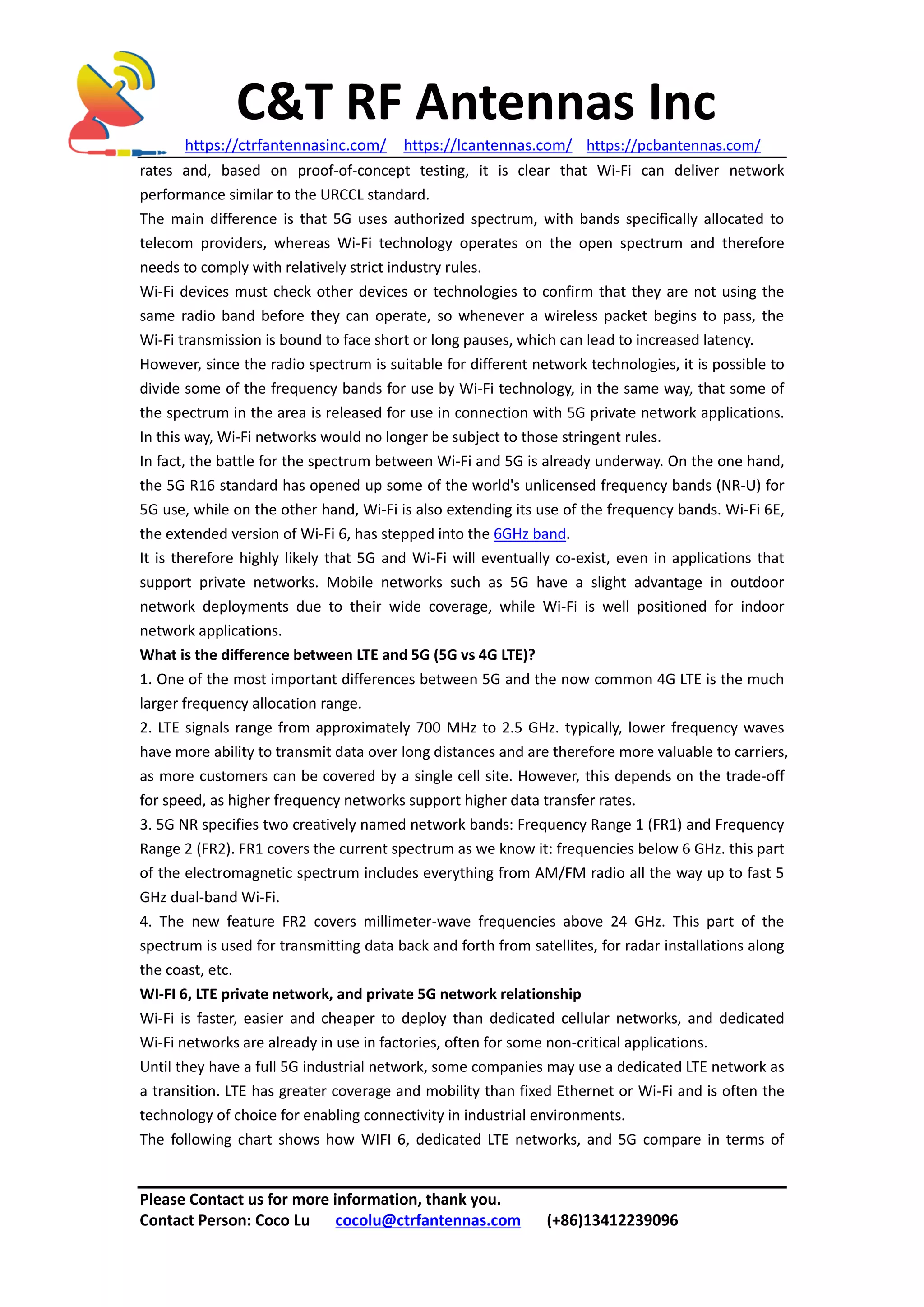 C&T RF Antennas Inc
https://ctrfantennasinc.com/ https://lcantennas.com/ https://pcbantennas.com/
Please Contact us for more information, thank you.
Contact Person: Coco Lu cocolu@ctrfantennas.com (+86)13412239096
rates and, based on proof-of-concept testing, it is clear that Wi-Fi can deliver network
performance similar to the URCCL standard.
The main difference is that 5G uses authorized spectrum, with bands specifically allocated to
telecom providers, whereas Wi-Fi technology operates on the open spectrum and therefore
needs to comply with relatively strict industry rules.
Wi-Fi devices must check other devices or technologies to confirm that they are not using the
same radio band before they can operate, so whenever a wireless packet begins to pass, the
Wi-Fi transmission is bound to face short or long pauses, which can lead to increased latency.
However, since the radio spectrum is suitable for different network technologies, it is possible to
divide some of the frequency bands for use by Wi-Fi technology, in the same way, that some of
the spectrum in the area is released for use in connection with 5G private network applications.
In this way, Wi-Fi networks would no longer be subject to those stringent rules.
In fact, the battle for the spectrum between Wi-Fi and 5G is already underway. On the one hand,
the 5G R16 standard has opened up some of the world's unlicensed frequency bands (NR-U) for
5G use, while on the other hand, Wi-Fi is also extending its use of the frequency bands. Wi-Fi 6E,
the extended version of Wi-Fi 6, has stepped into the 6GHz band.
It is therefore highly likely that 5G and Wi-Fi will eventually co-exist, even in applications that
support private networks. Mobile networks such as 5G have a slight advantage in outdoor
network deployments due to their wide coverage, while Wi-Fi is well positioned for indoor
network applications.
What is the difference between LTE and 5G (5G vs 4G LTE)?
1. One of the most important differences between 5G and the now common 4G LTE is the much
larger frequency allocation range.
2. LTE signals range from approximately 700 MHz to 2.5 GHz. typically, lower frequency waves
have more ability to transmit data over long distances and are therefore more valuable to carriers,
as more customers can be covered by a single cell site. However, this depends on the trade-off
for speed, as higher frequency networks support higher data transfer rates.
3. 5G NR specifies two creatively named network bands: Frequency Range 1 (FR1) and Frequency
Range 2 (FR2). FR1 covers the current spectrum as we know it: frequencies below 6 GHz. this part
of the electromagnetic spectrum includes everything from AM/FM radio all the way up to fast 5
GHz dual-band Wi-Fi.
4. The new feature FR2 covers millimeter-wave frequencies above 24 GHz. This part of the
spectrum is used for transmitting data back and forth from satellites, for radar installations along
the coast, etc.
WI-FI 6, LTE private network, and private 5G network relationship
Wi-Fi is faster, easier and cheaper to deploy than dedicated cellular networks, and dedicated
Wi-Fi networks are already in use in factories, often for some non-critical applications.
Until they have a full 5G industrial network, some companies may use a dedicated LTE network as
a transition. LTE has greater coverage and mobility than fixed Ethernet or Wi-Fi and is often the
technology of choice for enabling connectivity in industrial environments.
The following chart shows how WIFI 6, dedicated LTE networks, and 5G compare in terms of
 