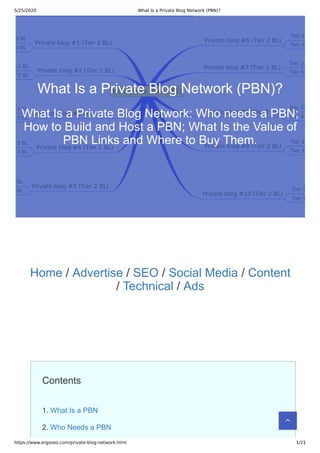 5/25/2020 What Is a Private Blog Network (PBN)?
https://www.ergoseo.com/private-blog-network.html 1/21
Home / Advertise / SEO / Social Media / Content
/ Technical / Ads
Contents
1. What Is a PBN
2. Who Needs a PBN

What Is a Private Blog Network (PBN)?
What Is a Private Blog Network: Who needs a PBN;
How to Build and Host a PBN; What Is the Value of
PBN Links and Where to Buy Them.
 