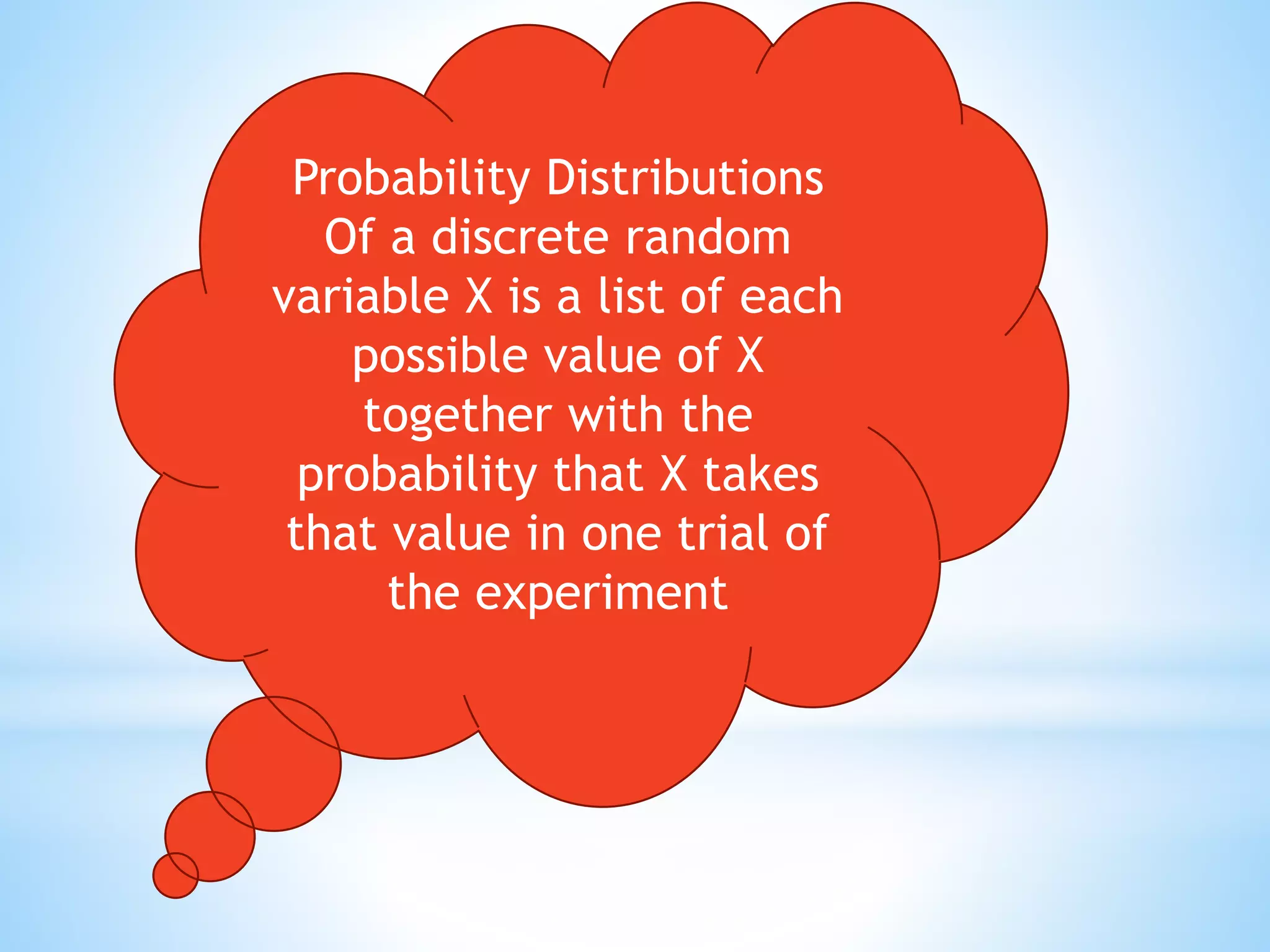 Probability Distributions
Of a discrete random
variable X is a list of each
possible value of X
together with the
probability that X takes
that value in one trial of
the experiment
 