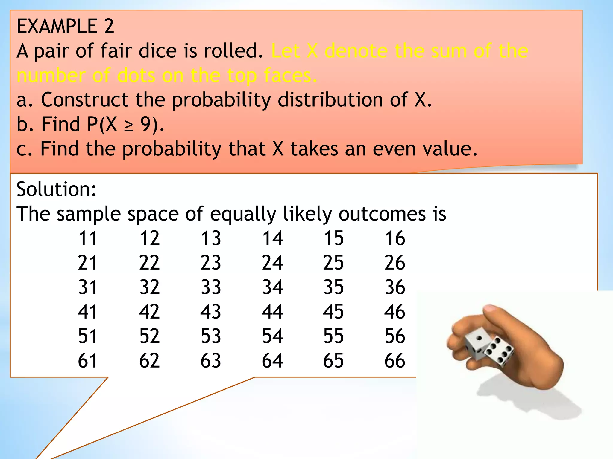 EXAMPLE 2
A pair of fair dice is rolled. Let X denote the sum of the
number of dots on the top faces.
a. Construct the probability distribution of X.
b. Find P(X ≥ 9).
c. Find the probability that X takes an even value.
Solution:
The sample space of equally likely outcomes is
11 12 13 14 15 16
21 22 23 24 25 26
31 32 33 34 35 36
41 42 43 44 45 46
51 52 53 54 55 56
61 62 63 64 65 66
 