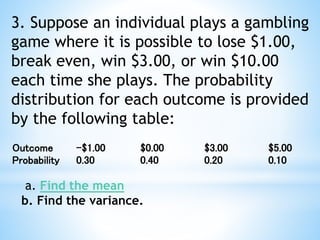 3. Suppose an individual plays a gambling
game where it is possible to lose $1.00,
break even, win $3.00, or win $10.00
each time she plays. The probability
distribution for each outcome is provided
by the following table:
Outcome -$1.00 $0.00 $3.00 $5.00
Probability 0.30 0.40 0.20 0.10
a. Find the mean
b. Find the variance.
 