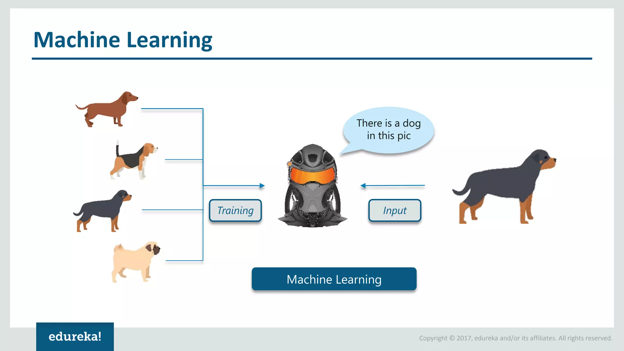 Copyright © 2017, edureka and/or its affiliates. All rights reserved. Machine Learning Training There is a dog in this pic Input Machine Learning 