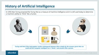 Copyright © 2017, edureka and/or its affiliates. All rights reserved.
History of Artificial Intelligence
In 1950 Alan Turing proposed the Turing Test as a measure of machine intelligence and it is still used today to determine
a machine’s ability to “think” like a human.
Turing said that if the interrogator couldn’t distinguish between them simply by the answers given then we
could call the computer intelligent as it “thinks” and answers like a person
 