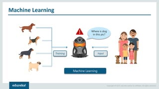 Copyright © 2017, edureka and/or its affiliates. All rights reserved.
Machine Learning
Training
Where is dog
in this pic?
Input
Machine Learning
 