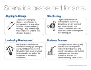 Scenarios best-suited for sims.
Aligning To Change                          Silo-Busting
         A company undergoing                        Organizational silos are
         change—whether due to                       inefficient and expensive.
         reorganization, a new sales                 Simulations are an excellent
         initiative, or new marketing                way for employees from
         strategy— may need to align                 different disciplines to under-
         their employees under a new                 stand the unique challenges of
         strategic directive.                        their colleagues.



Leadership Development                      Business Acumen
         Many large companies use                    For organizations seeking very
         simulations to engage emerging              specific skills development
         and current business leaders.               related to their business and
         Simulation tools teach practical            industry, simulations can help to
         business skills, as well as the             model complex business
         intangibles of leadership                   scenarios, and test out
         excellence.                                 decision-making under duress.



                                                               © Simulation Development Group
 
