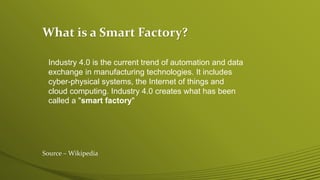 What is a Smart Factory?
Source – Wikipedia
Industry 4.0 is the current trend of automation and data
exchange in manufacturing technologies. It includes
cyber-physical systems, the Internet of things and
cloud computing. Industry 4.0 creates what has been
called a "smart factory"
 