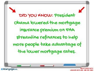 DID YOU KNOW: President
Obama lowered the mortgage
insurance premium on FHA
streamline refinances to help
more people take...