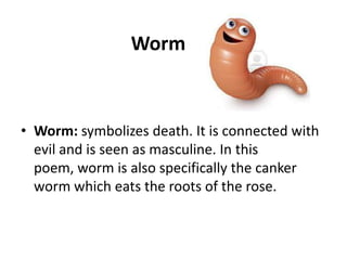 Worm

• Worm: symbolizes death. It is connected with
evil and is seen as masculine. In this
poem, worm is also specifically the canker
worm which eats the roots of the rose.

 