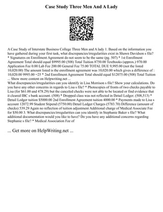 Case Study Three Men And A Lady
A Case Study of Interstate Business College Three Men and A lady 1. Based on the information you
have gathered during your first task, what discrepancies/irregularities exist in Shawn Davidson s file?
* Signatures on Enrollment Agreement do not seem to be the same (pg. 507) * 1st Enrollment
Agreement Total should equal $9995.00 (508) Total Tuition 8750.00 Textbooks (approx.) 970.00
Application Fee 0.00 Lab Fee 200.00 General Fee 75.00 TOTAL DUE 9,995.00 (not the listed
10,020.00) The amount listed is the enrollment agreement was 10,020.00 which gives a difference of :
10,020.00 9995.00 =25 * 2nd Enrollment Agreement Total should equal $12075.00 (508) Total Tuition
... Show more content on Helpwriting.net ...
What discrepancies/irregularities can you identify in Lisa Morrison s file? Show your calculations. Do
you have any other concerns in regards to Lisa s file? * Photocopies of fronts of two checks payable to
Lisa (for $61.00 and 478.29) but the canceled checks were not able to be located or find evidence that
it cleared IBC s bank account. (508) * Dropped class was not reflected in Detail Ledger. (508,513) *
Detail Ledger tuition $5000.00 2nd Enrollment Agreement tuition 4000.00 * Payments made to Lisa s
account 12072.99 Student Stipend (5750.00) Detail Ledger Charges (5783.70) Difference (amount of
checks) 539.29 Again no reflection of tuition adjustment Additional charge of Medical Associate Fee
for $50.00 3. What discrepancies/irregularities can you identify in Stephanie Baker s file? What
additional documentation would you like to have? Do you have any additional concerns regarding
Stephanie s file? * Medical Association Fee of
... Get more on HelpWriting.net ...
 