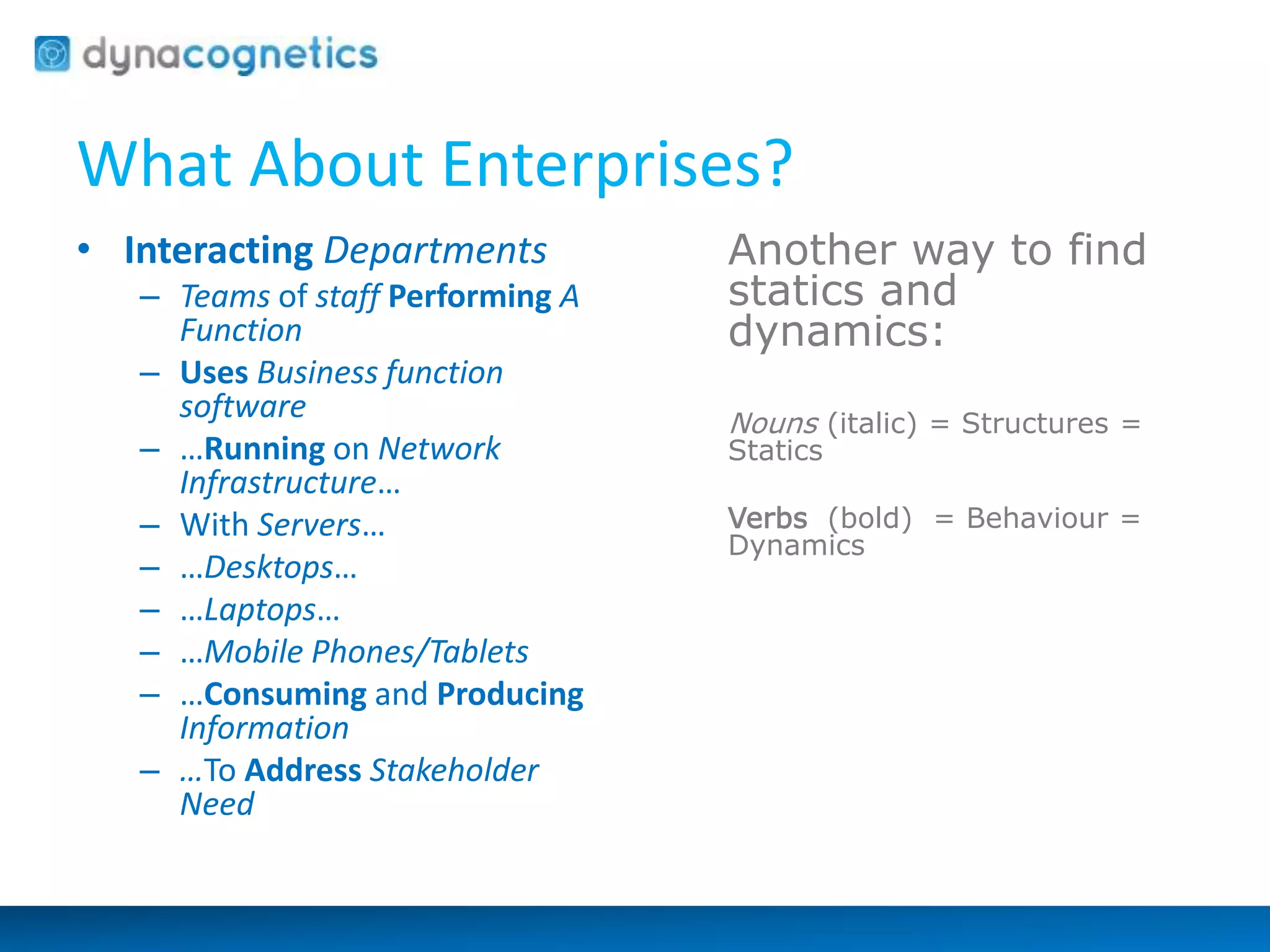 What About Enterprises? 
• Interacting Departments 
– Teams of staff Performing A 
Function 
– Uses Business function 
software 
– …Running on Network 
Infrastructure… 
– With Servers… 
– …Desktops… 
– …Laptops… 
– …Mobile Phones/Tablets 
– …Consuming and Producing 
Information 
– …To Address Stakeholder 
Need 
Another way to find 
statics and 
dynamics: 
Nouns (italic) = Structures = 
Statics 
Verbs (bold) = Behaviour = 
Dynamics 
 