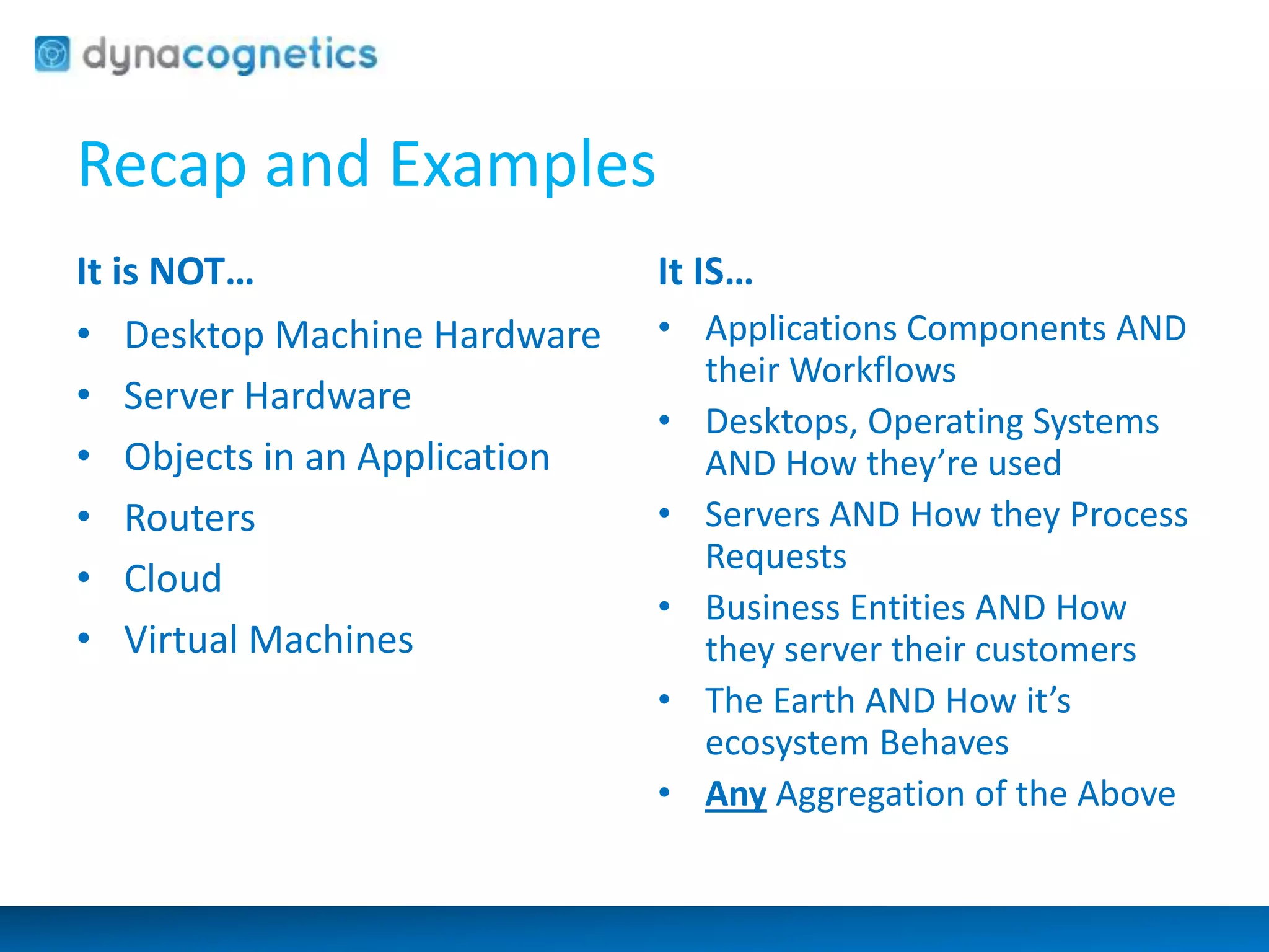 Recap and Examples 
It is NOT… 
• Desktop Machine Hardware 
• Server Hardware 
• Objects in an Application 
• Routers 
• Cloud 
• Virtual Machines 
It IS… 
• Applications Components AND 
their Workflows 
• Desktops, Operating Systems 
AND How they’re used 
• Servers AND How they Process 
Requests 
• Business Entities AND How 
they server their customers 
• The Earth AND How it’s 
ecosystem Behaves 
• Any Aggregation of the Above 
 
