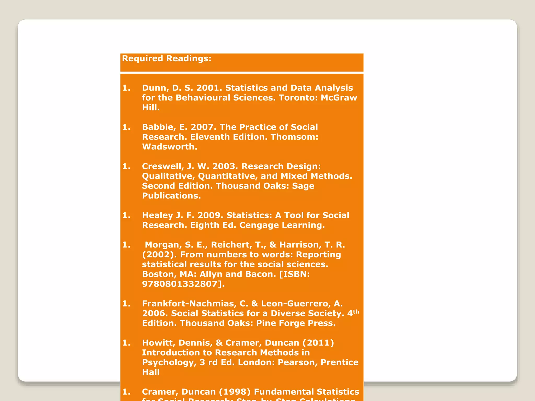 Required Readings:
1. Dunn, D. S. 2001. Statistics and Data Analysis
for the Behavioural Sciences. Toronto: McGraw
Hill.
1. Babbie, E. 2007. The Practice of Social
Research. Eleventh Edition. Thomsom:
Wadsworth.
1. Creswell, J. W. 2003. Research Design:
Qualitative, Quantitative, and Mixed Methods.
Second Edition. Thousand Oaks: Sage
Publications.
1. Healey J. F. 2009. Statistics: A Tool for Social
Research. Eighth Ed. Cengage Learning.
1. Morgan, S. E., Reichert, T., & Harrison, T. R.
(2002). From numbers to words: Reporting
statistical results for the social sciences.
Boston, MA: Allyn and Bacon. [ISBN:
9780801332807].
1. Frankfort-Nachmias, C. & Leon-Guerrero, A.
2006. Social Statistics for a Diverse Society. 4th
Edition. Thousand Oaks: Pine Forge Press.
1. Howitt, Dennis, & Cramer, Duncan (2011)
Introduction to Research Methods in
Psychology, 3 rd Ed. London: Pearson, Prentice
Hall
1. Cramer, Duncan (1998) Fundamental Statistics
 