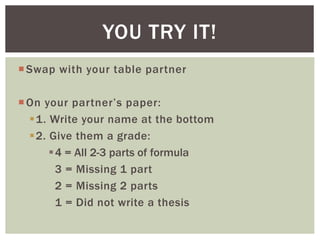 Swap with your table partner
On your partner’s paper:
1. Write your name at the bottom
2. Give them a grade:
4 = All 2-3 parts of formula
3 = Missing 1 part
2 = Missing 2 parts
1 = Did not write a thesis
YOU TRY IT!
 