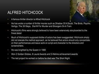 ALFRED HITCHCOCK
•

A famous thriller director is Alfred Hitchcock

•

He has wrote a number of thriller movies such as Shadow Of A Doubt, The Birds, Psycho,
Vertigo, The 39 Steps, Dial M For Murder and Strangers On A Train.

•

Hitchcock's films were strongly believed to have been extensively storyboarded to the
finest detail

•

Much of Hitchcock's supposed dislike of actors has been exaggerated. Hitchcock simply
did not tolerate the method approach, as he believed that actors should only concentrate
on their performances and leave work on script and character to the directors and
screenwriters.

•

He was knighted by the Queen in 1980

•

Won 2 Golden Globes, 8 Laurel Awards and 5 lifetime achievement awards

•

The last project he worked on before he died was The Short Night.

 