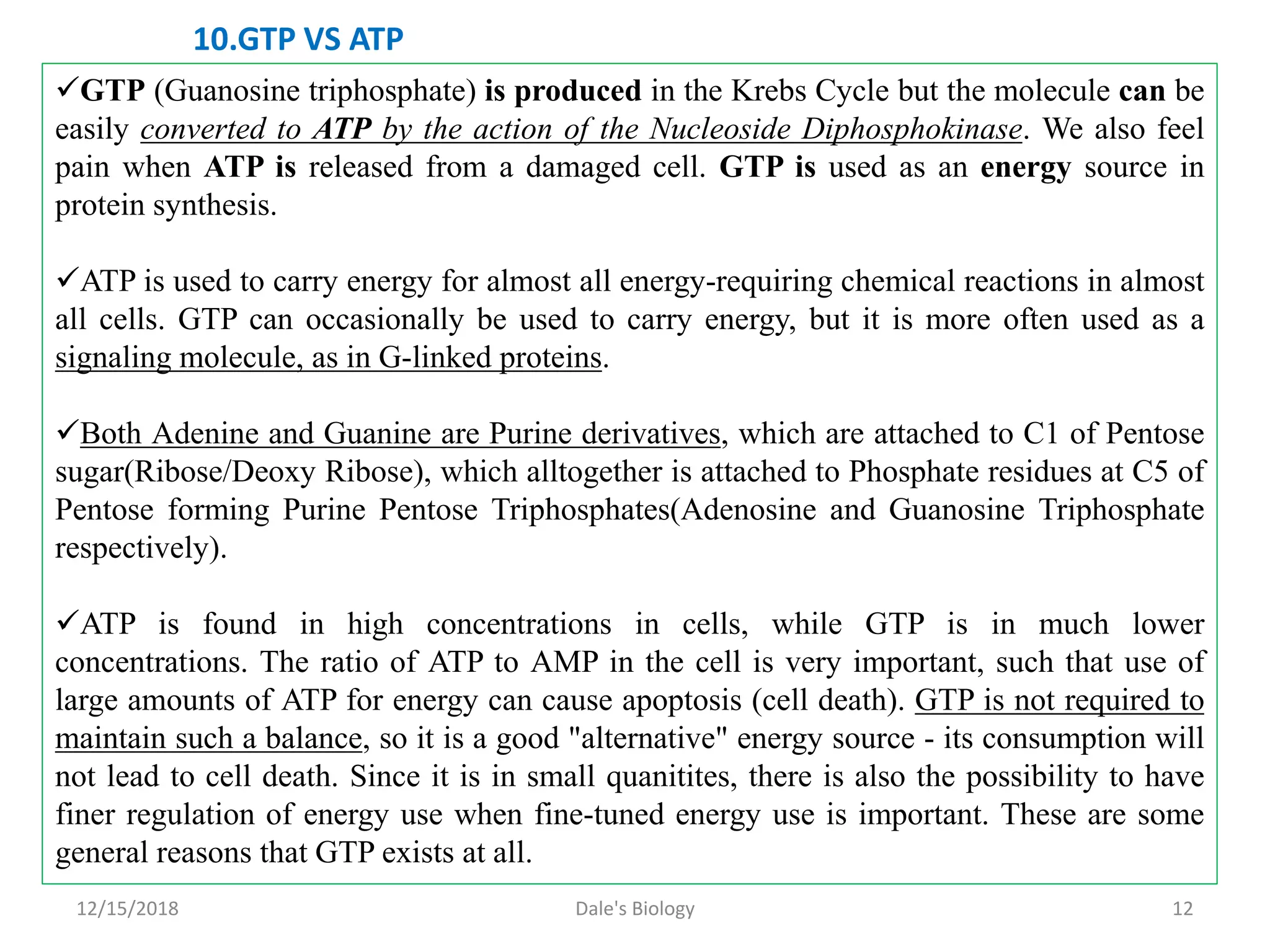 12/15/2018 Dale's Biology 12
GTP (Guanosine triphosphate) is produced in the Krebs Cycle but the molecule can be
easily converted to ATP by the action of the Nucleoside Diphosphokinase. We also feel
pain when ATP is released from a damaged cell. GTP is used as an energy source in
protein synthesis.
ATP is used to carry energy for almost all energy-requiring chemical reactions in almost
all cells. GTP can occasionally be used to carry energy, but it is more often used as a
signaling molecule, as in G-linked proteins.
Both Adenine and Guanine are Purine derivatives, which are attached to C1 of Pentose
sugar(Ribose/Deoxy Ribose), which alltogether is attached to Phosphate residues at C5 of
Pentose forming Purine Pentose Triphosphates(Adenosine and Guanosine Triphosphate
respectively).
ATP is found in high concentrations in cells, while GTP is in much lower
concentrations. The ratio of ATP to AMP in the cell is very important, such that use of
large amounts of ATP for energy can cause apoptosis (cell death). GTP is not required to
maintain such a balance, so it is a good "alternative" energy source - its consumption will
not lead to cell death. Since it is in small quanitites, there is also the possibility to have
finer regulation of energy use when fine-tuned energy use is important. These are some
general reasons that GTP exists at all.
10.GTP VS ATP
 