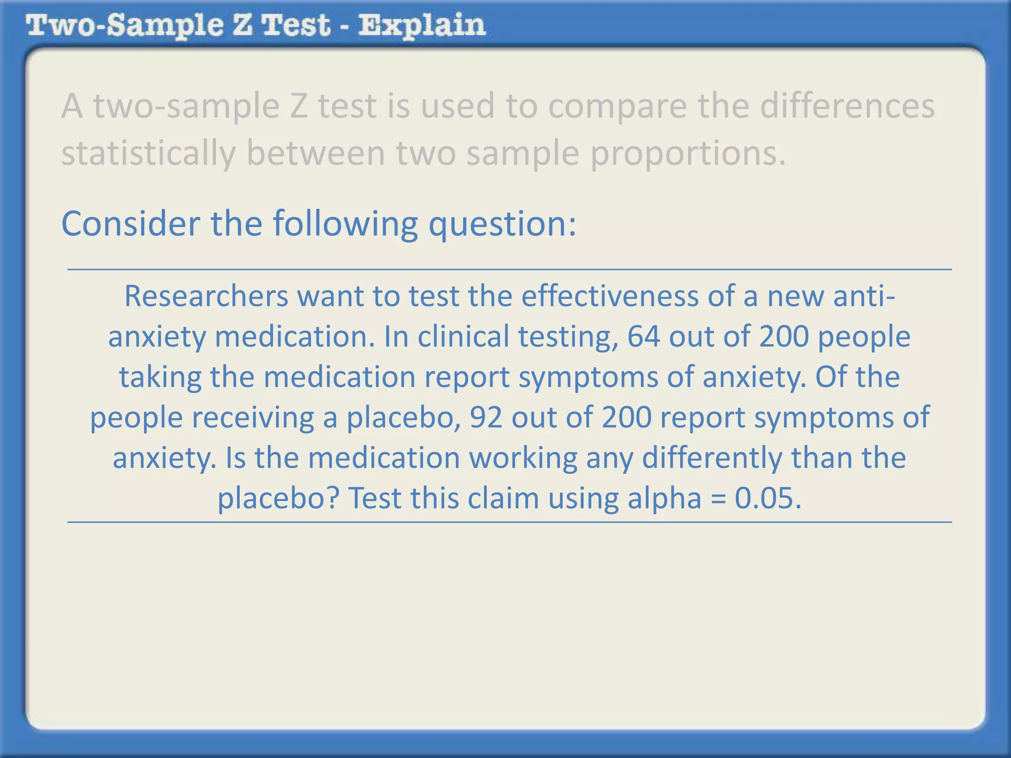A two-sample Z test is used to compare the differences 
statistically between two sample proportions. 
Consider the following question: 
Researchers want to test the effectiveness of a new anti-anxiety 
medication. In clinical testing, 64 out of 200 people 
taking the medication report symptoms of anxiety. Of the 
people receiving a placebo, 92 out of 200 report symptoms of 
anxiety. Is the medication working any differently than the 
placebo? Test this claim using alpha = 0.05. 
 
