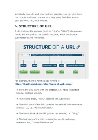 somebody wants to visit your business premise, you can give them
the complete address to make sure they easily find their way to
your business, i.e., your website.
➢ STRUCTURE OF URL
A URL includes the protocol (such as “http” or “https”), the domain
name, and the path to the specific resource, which can include
subdirectories and file names.
For example, the URL for the page for URL is
https://hostitsmart.com/blog/types-of-web-server
➔ Here, the URL starts with the protocol, i.e., https (hypertext
transfer protocol secure).
➔ The second block, “www,” specifies the subdomain.
➔ The third block of the URL contains the website’s domain name
with its TLD, i.e., “hostitsmart.com.”
➔ The fourth block of the URL path of the website, i.e., “blog,”
➔ The last block of the URL contains the specific web page
reference, i.e., “types-of-web-server”
 