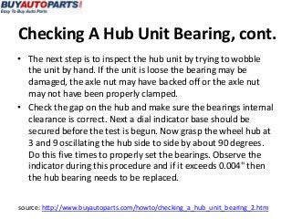 Checking A Hub Unit Bearing, cont.
• The next step is to inspect the hub unit by trying to wobble
  the unit by hand. If t...