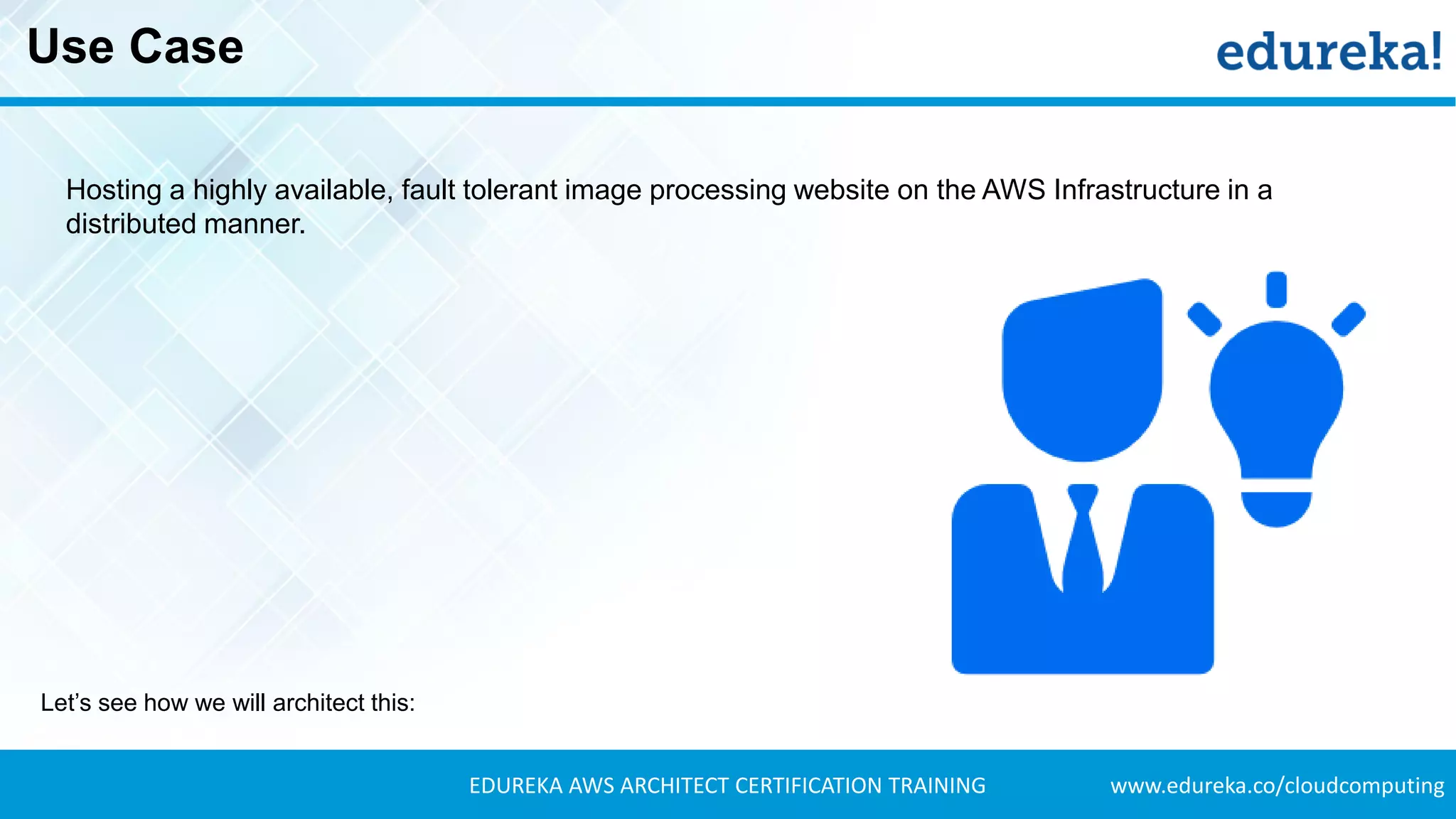 www.edureka.co/cloudcomputingEDUREKA AWS ARCHITECT CERTIFICATION TRAINING
Use Case
Hosting a highly available, fault tolerant image processing website on the AWS Infrastructure in a
distributed manner.
Let’s see how we will architect this:
 