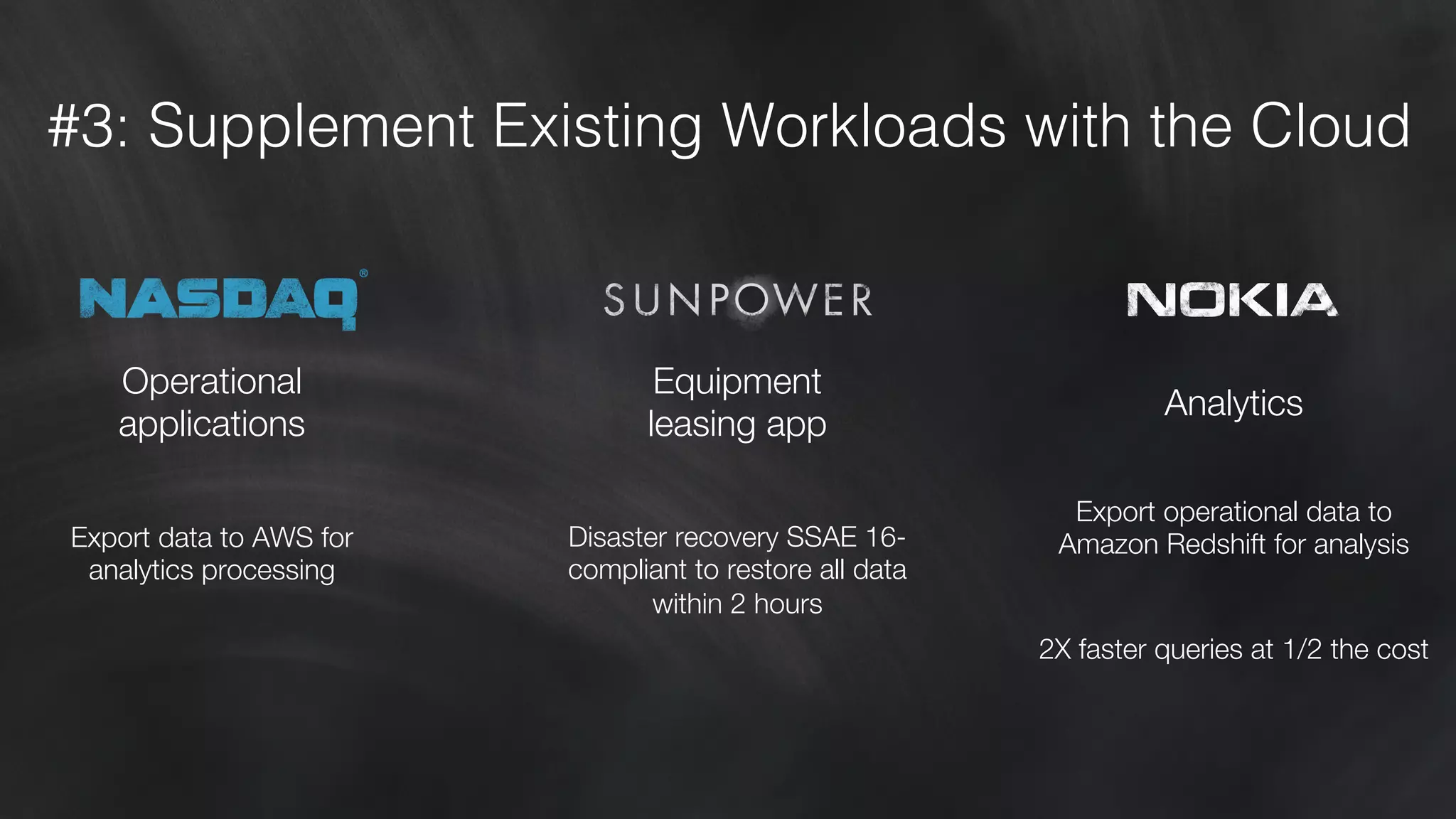 #3: Supplement Existing Workloads with the Cloud! 
Analytics 
Export operational data to 
Amazon Redshift for analysis 
2X faster queries at 1/2 the cost 
Equipment 
leasing app 
Disaster recovery SSAE 16- 
compliant to restore all data 
within 2 hours 
Operational 
applications 
Export data to AWS for 
analytics processing 
 