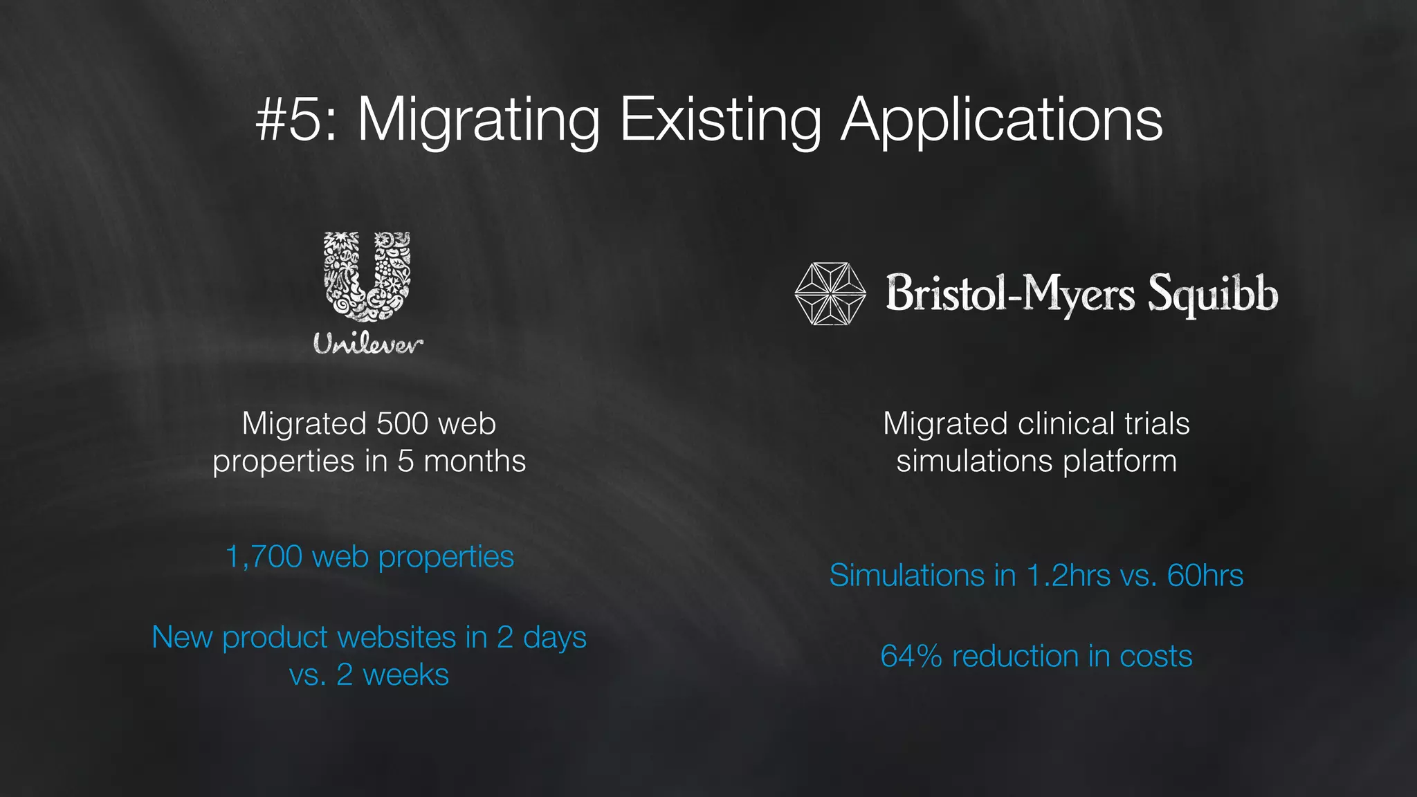 #5: Migrating Existing Applications 
Migrated 500 web 
properties in 5 months! 
1,700 web properties 
New product websites in 2 days 
vs. 2 weeks 
Migrated clinical trials 
simulations platform! 
Simulations in 1.2hrs vs. 60hrs 
64% reduction in costs 
 