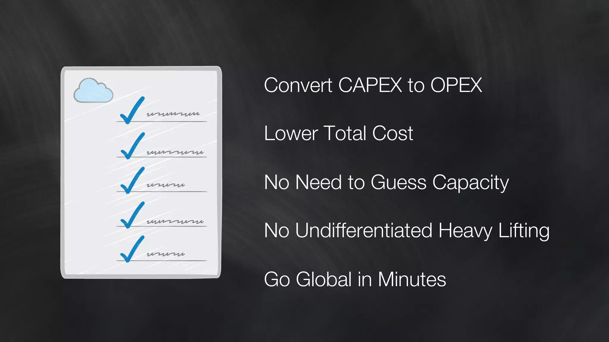Convert CAPEX to OPEX 
Lower Total Cost 
No Need to Guess Capacity 
No Undifferentiated Heavy Lifting 
Go Global in Minutes 
 