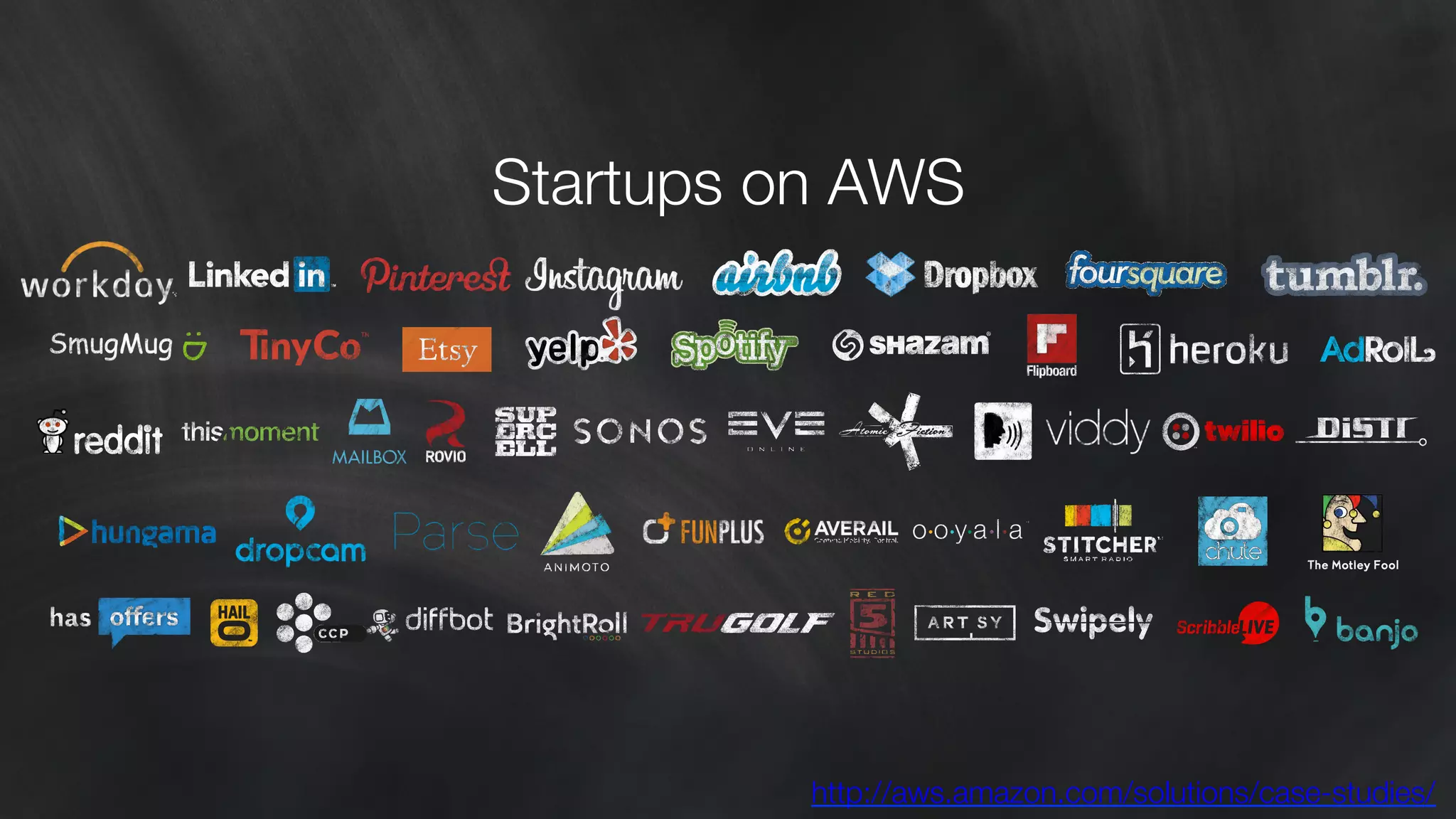Startups on AWS 
http://aws.amazon.com/solutions/case-studies/ 
 