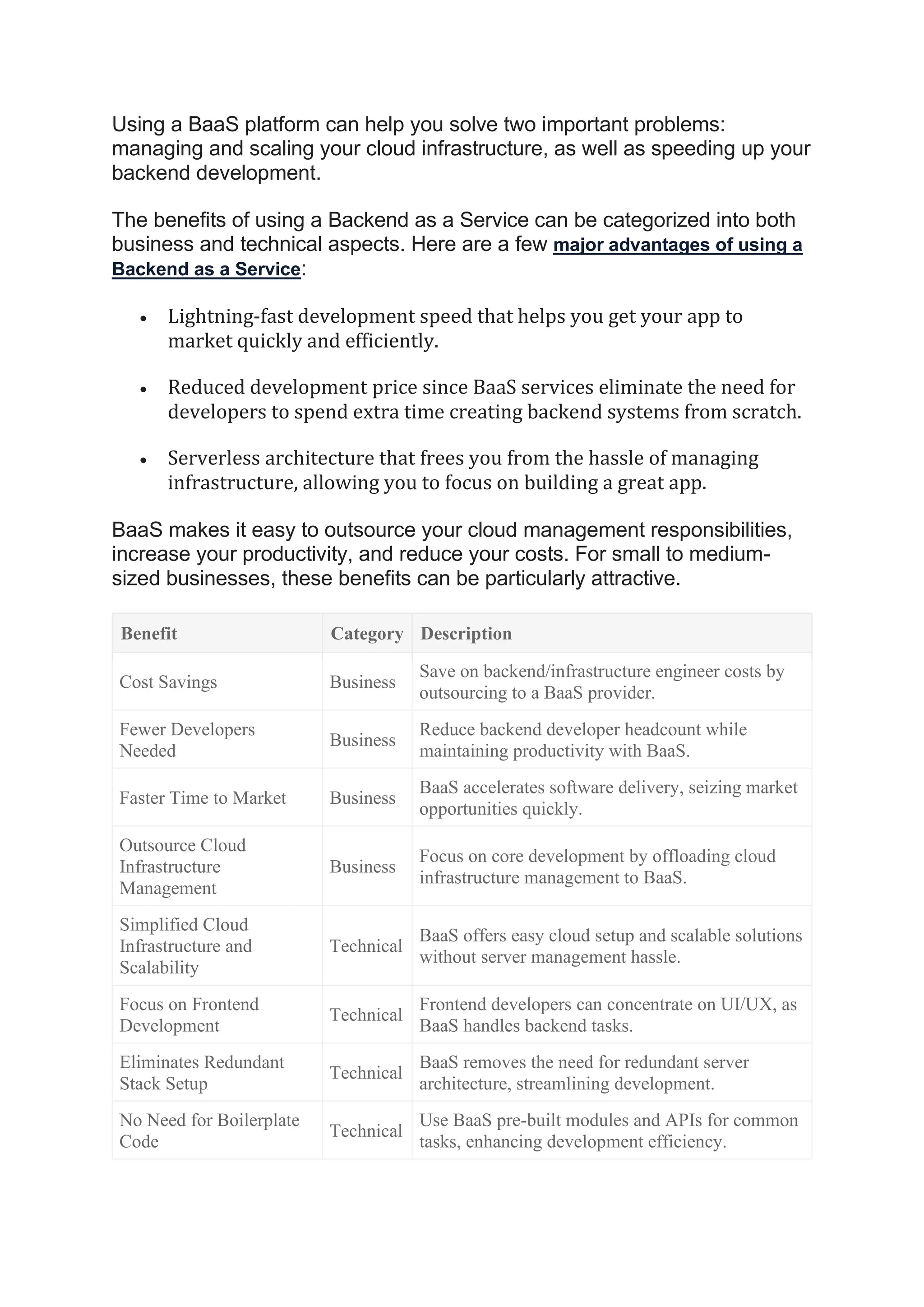 Using a BaaS platform can help you solve two important problems:
managing and scaling your cloud infrastructure, as well as speeding up your
backend development.
The benefits of using a Backend as a Service can be categorized into both
business and technical aspects. Here are a few major advantages of using a
Backend as a Service:
• Lightning-fast development speed that helps you get your app to
market quickly and efficiently.
• Reduced development price since BaaS services eliminate the need for
developers to spend extra time creating backend systems from scratch.
• Serverless architecture that frees you from the hassle of managing
infrastructure, allowing you to focus on building a great app.
BaaS makes it easy to outsource your cloud management responsibilities,
increase your productivity, and reduce your costs. For small to medium-
sized businesses, these benefits can be particularly attractive.
Benefit Category Description
Cost Savings Business
Save on backend/infrastructure engineer costs by
outsourcing to a BaaS provider.
Fewer Developers
Needed
Business
Reduce backend developer headcount while
maintaining productivity with BaaS.
Faster Time to Market Business
BaaS accelerates software delivery, seizing market
opportunities quickly.
Outsource Cloud
Infrastructure
Management
Business
Focus on core development by offloading cloud
infrastructure management to BaaS.
Simplified Cloud
Infrastructure and
Scalability
Technical
BaaS offers easy cloud setup and scalable solutions
without server management hassle.
Focus on Frontend
Development
Technical
Frontend developers can concentrate on UI/UX, as
BaaS handles backend tasks.
Eliminates Redundant
Stack Setup
Technical
BaaS removes the need for redundant server
architecture, streamlining development.
No Need for Boilerplate
Code
Technical
Use BaaS pre-built modules and APIs for common
tasks, enhancing development efficiency.
 