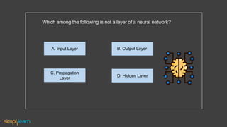 Which among the following is not a layer of a neural network?
D. Hidden Layer
A. Input Layer
C. Propagation
Layer
B. Output Layer