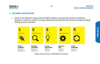 76 CHAPTER 2
WHAT IS DESIGN THINKING?
❖ IDEO MODEL FOR EDUCATORS
PROLOGUE
• Similar to the Stanford d. school model, the IDEO is based on a process that presents a workflow for
educators. It supports a number of in-class activities and tools that help them achieve that target the design
thinking process in education.
[Design Thinking Process of IDEO Model for Educators]
 