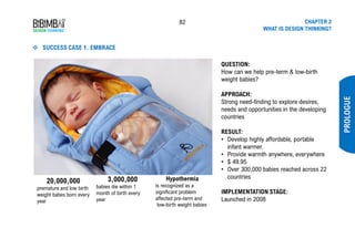 82 CHAPTER 2
WHAT IS DESIGN THINKING?
❖ SUCCESS CASE 1. EMBRACE
PROLOGUE
QUESTION:
How can we help pre-term & low-birth
weight babies?
APPROACH:
Strong need-finding to explore desires,
needs and opportunities in the developing
countries
RESULT:
• Develop highly affordable, portable
infant warmer.
• Provide warmth anywhere, everywhere
• $ 49.95
• Over 300,000 babies reached across 22
countries
IMPLEMENTATION STAGE:
Launched in 2008
20,000,000
premature and low birth
weight babes born every
year
3,000,000
babies die within 1
month of birth every
year
Hypothermia
is recognized as a
significant problem
affected pre-term and
low-birth weight babies
 